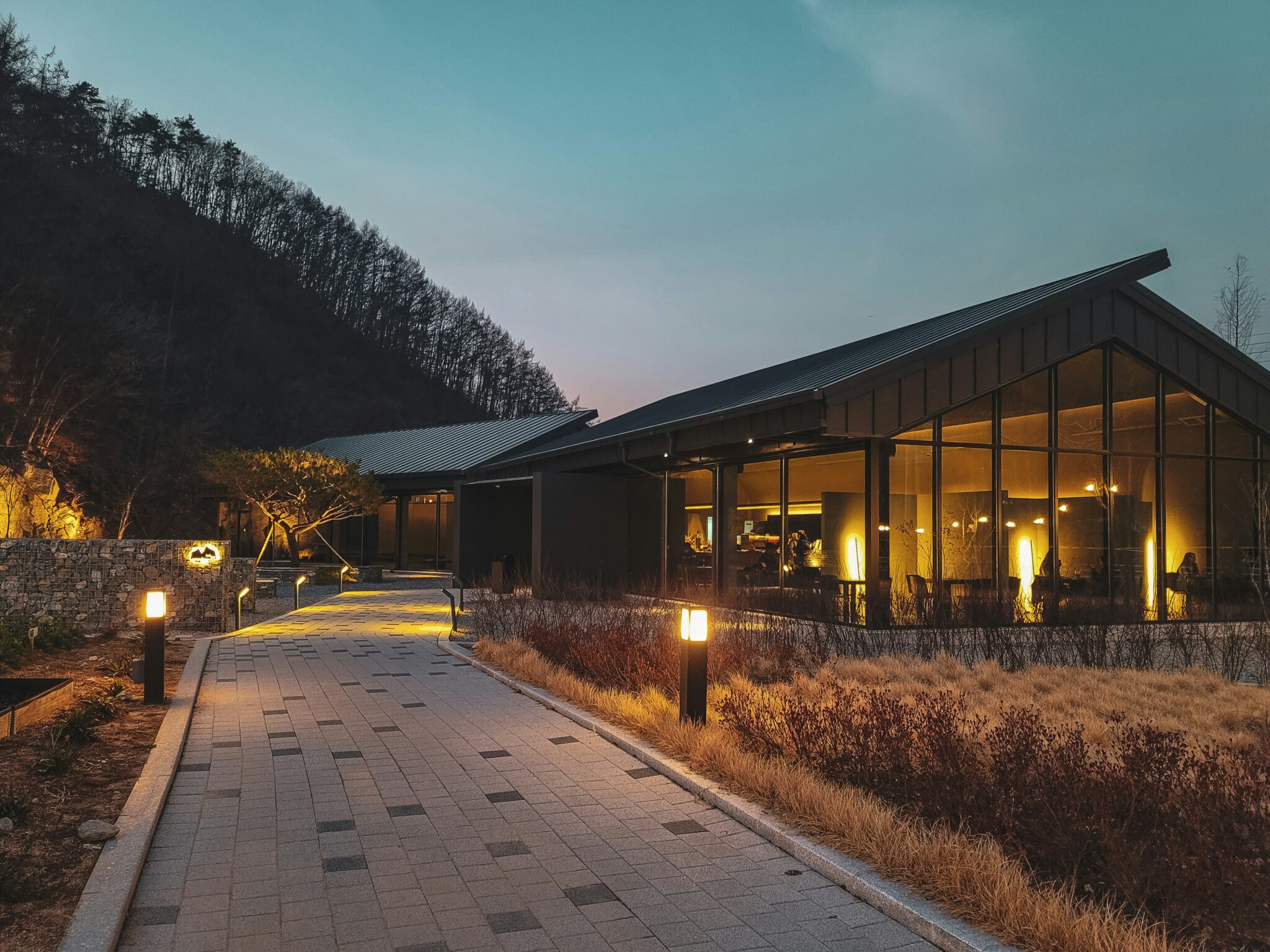 Lighted pathway outside building